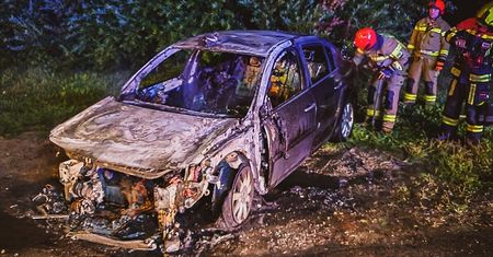 Pożar samochodu na drodze serwisowej S17 w Markuszowie. Pojazd spłonął niemal doszczętnie