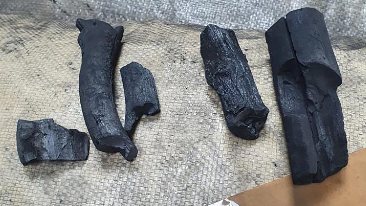 W kontenerach znaleziono czarne bryły, przypominające z wyglądu węgiel drzewny