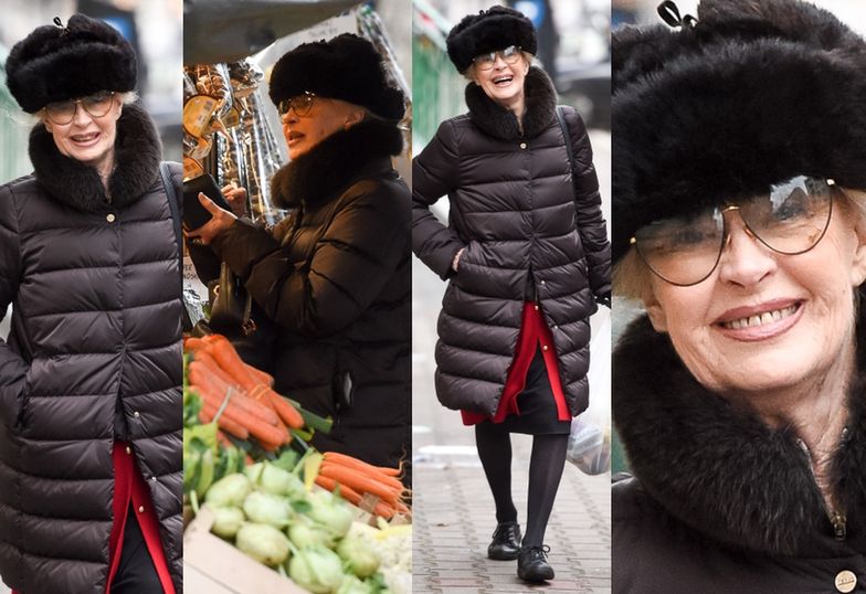 Beata Tyszkiewicz kupuje owoce na straganie