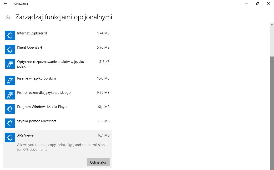 Przeglądarka plików XPS wśród opcjonalnych funkcji Windowsa 10 (1803).