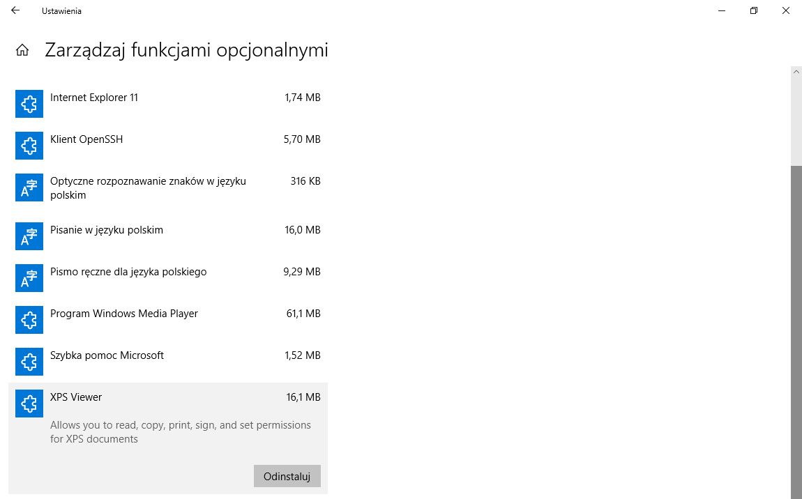 Przeglądarka plików XPS wśród opcjonalnych funkcji Windowsa 10 (1803).