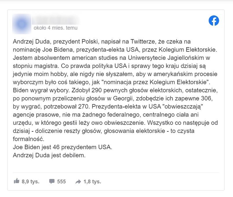 W listopadzie autor opublikował na Facebooku wpis dot. prezydenta