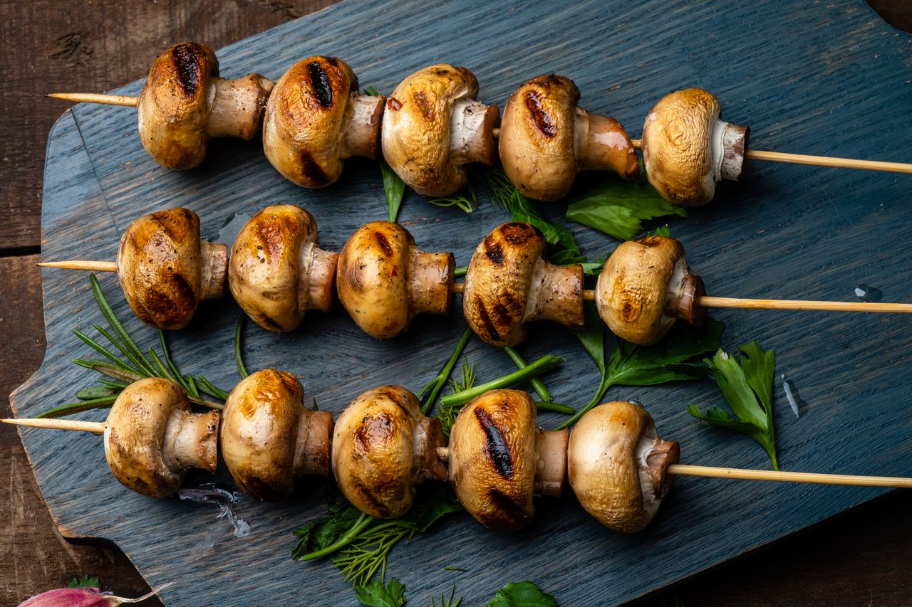 Grilled mushrooms on a skewer