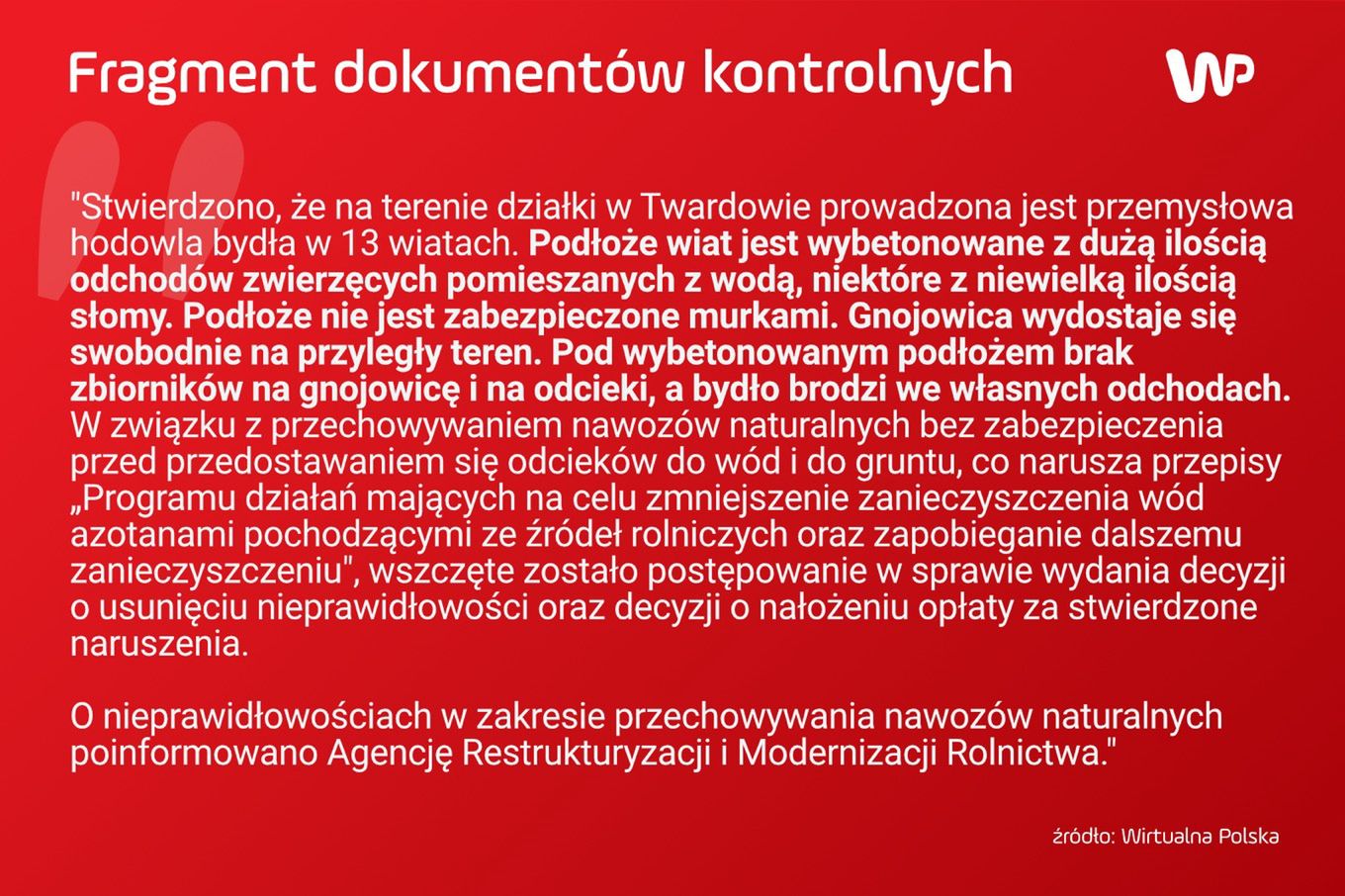 Fragment informacji przekazanych przez instytucje kontrolne po kontroli na fermie Wojciecha Biernackiego