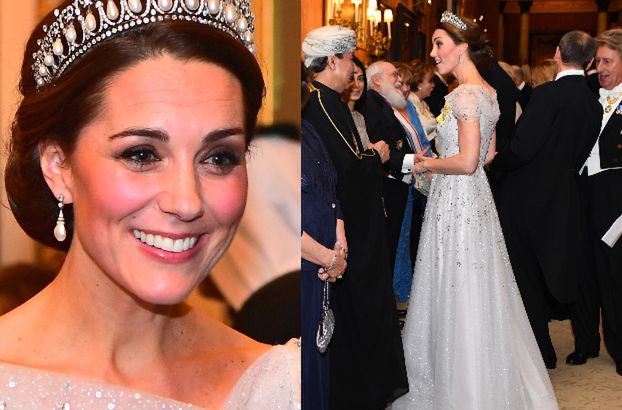 Księżna Kate błyszczy w sukni wyszywanej diamentami i tiarze Diany na przyjęciu w Pałacu Buckingham (ZDJĘCIA)