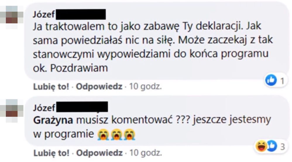 Józef, Grażyna i Apolonia wymieniają komentarze pod postem programu