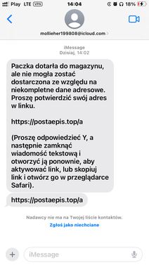 Przykładowy, fałszywy SMS