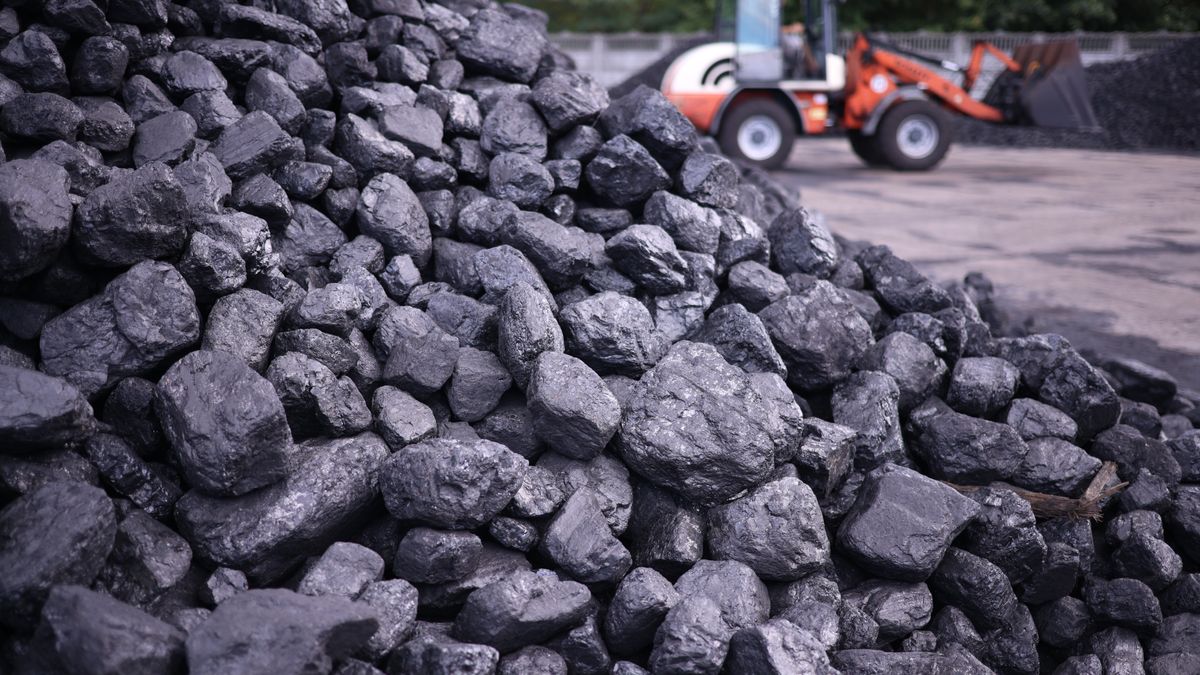 Na zdjęciu węgiel w składzie. W tle traktor