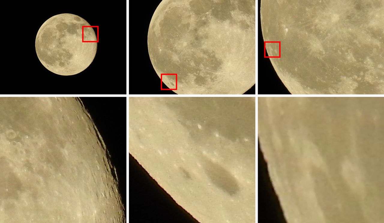 Test supezooma nie może obyć się bez zdjęć Księżyca. Zdjęcia wykonałem przy najdłuższej ogniskowej bez zooma cyfrowego, z dwukrotnym i czterokrotnym.Pełna rozdzielczość© Paweł Baldwin