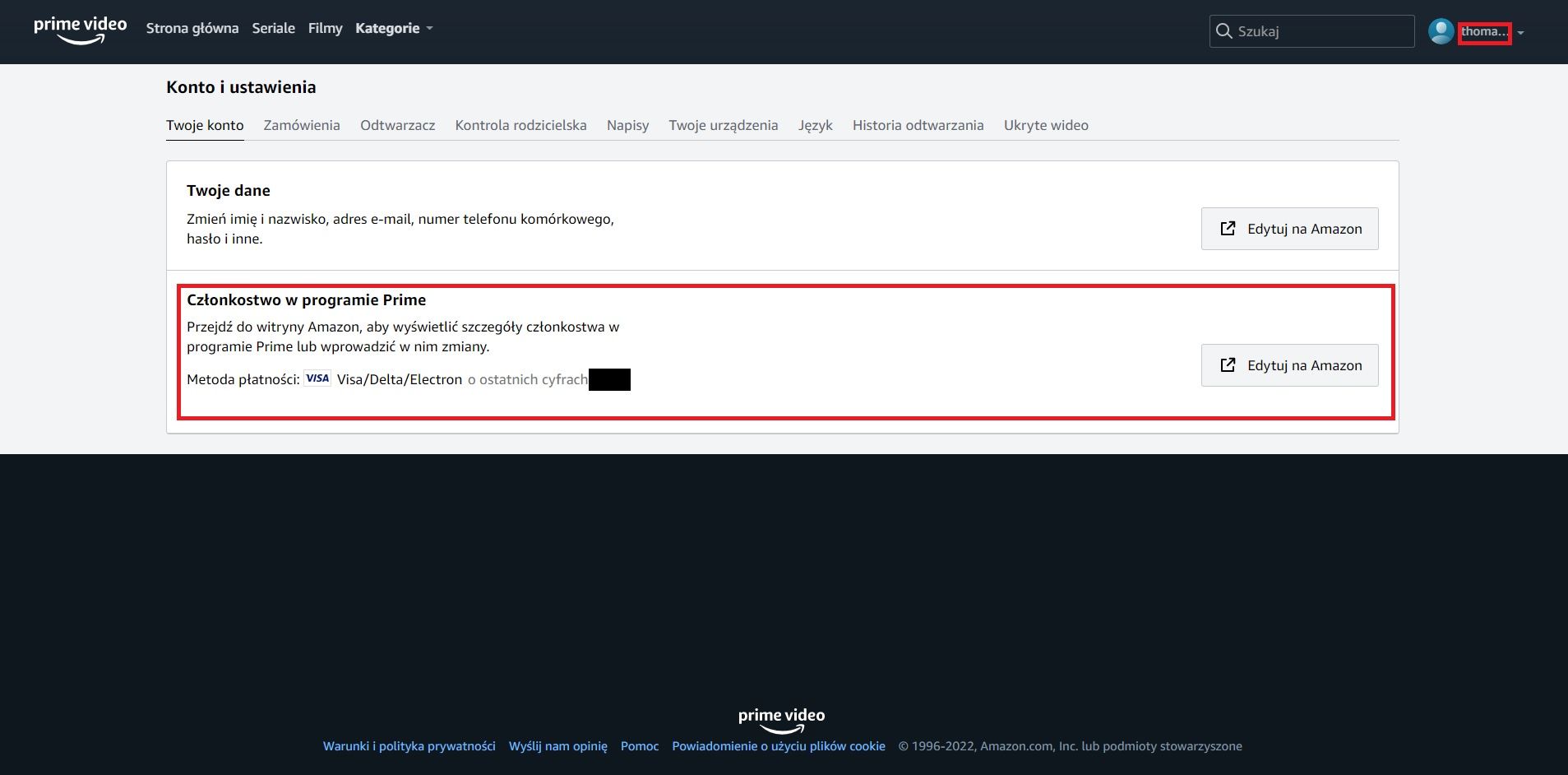 Amazon Prime Video - menu umożliwiające anulowanie subskrypcji