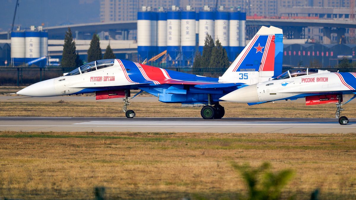 Russian Knights Aerobatic Team Arrive In Taiyuan For Transfer
TAIYUAN, CHINA - NOVEMBER 07: Sukhoi Su-35S multirole fighter jet of Russian Knights aerobatic team arrives at Taiyuan Wusu International Airport, which will depart for Zhuhai to participate in the 15th China International Aviation and Aerospace Exhibition after a brief stay, on November 7, 2024 in Taiyuan, Shanxi Province of China. (Photo by Hu Yuanjia/VCG via Getty Images)
VCG
china, china international aviation & aerospace exhibition, sukhoi su-35s, shanxi province