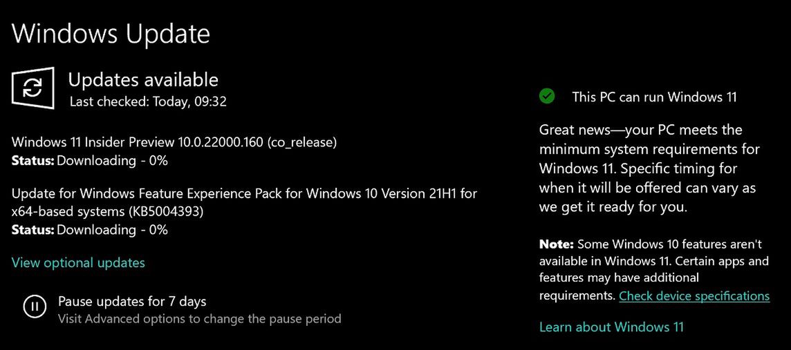 Informacja w Windows Update o możliwości instalacji Windowsa 11