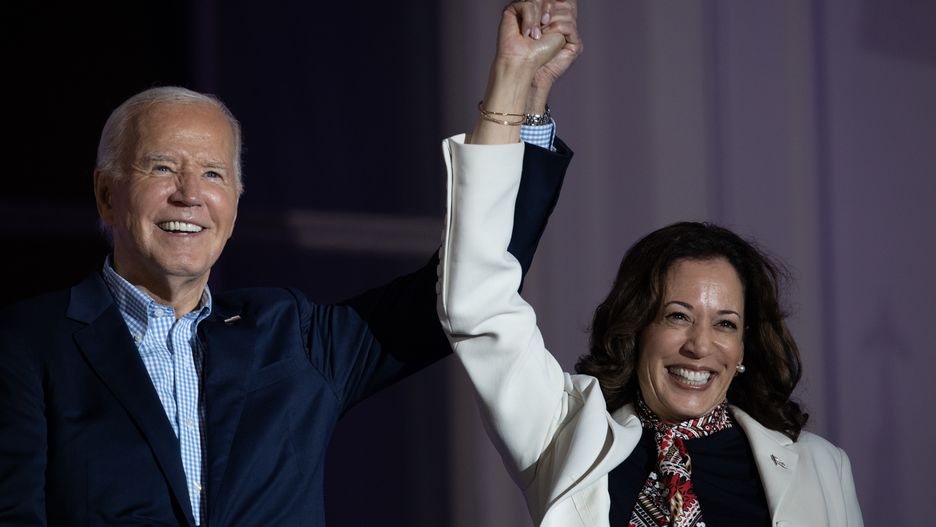 WASHINGTON - JULY 4: President Joe Biden and Vice President Kamala Harris hold hands during an Independence Day celebration at the White House in Washington, D.C., on Thursday, July 4, 2024. (Photo by Tom Brenner for The Washington Post via Getty Images)