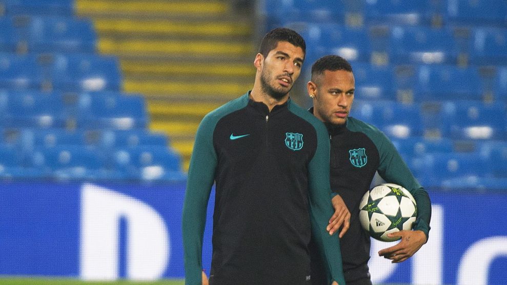 Luis Suarez i Neymar na treningu przed meczem LM 2016/17 w Manchesterze