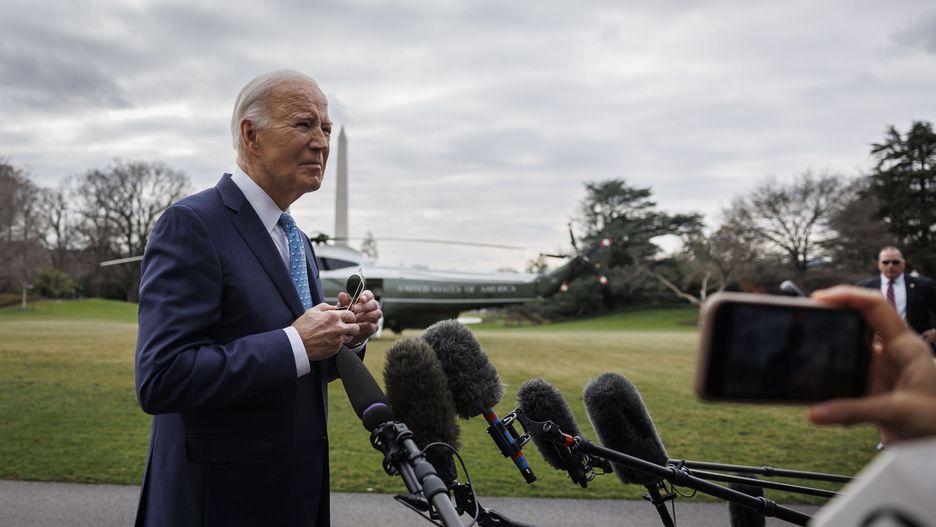 US President Joe Biden speaks to members of the media on the South Lawn of the White House before boarding Marine One in Washington, DC, US, on Tuesday, Jan. 30, 2024. Biden's administration is seeking a response to the deadly attack on US forces in Jordan that's tough enough to deter Iran and its proxies without sparking direct warfare with the Islamic Republic, according to officials and experts. Photographer: Ting Shen/Bloomberg via Getty Images