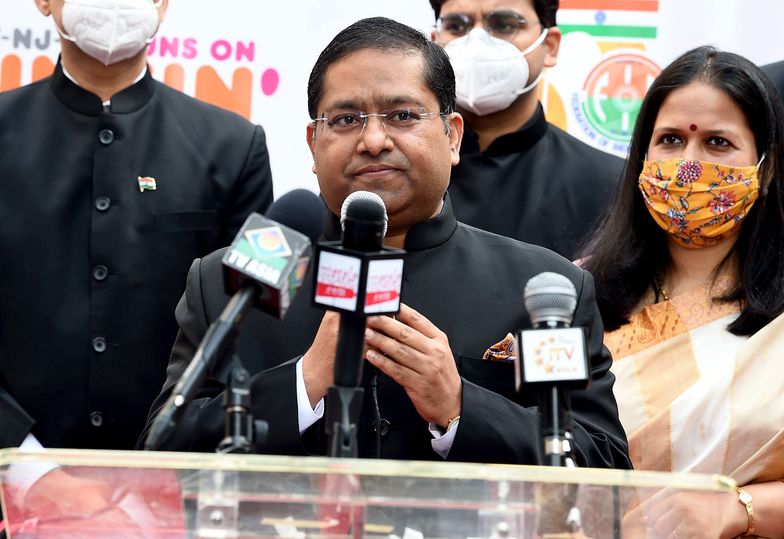 NEW YORK, NEW YORK - AUGUST 15: Consul General of India in New York, Randhir Jaiswal attends a ceremony where the national flag of India is hoisted at Times Square to mark Indian Independence Day on August 15, 2020 in New York City. The national holiday commemorates India's independence from the United Kingdom on August 15, 1947.  (Photo by Jamie McCarthy/Getty Images)