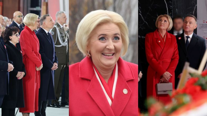 Agata Duda zadaje szyku w czerwonym płaszczu i beżowych kozaczkach podczas uroczystości z okazji Święta Niepodległości. Klasa? (ZDJĘCIA)