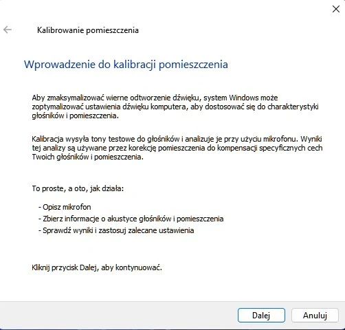 Zrzut ekranu z opisem funkcji Room Corretion w Windows