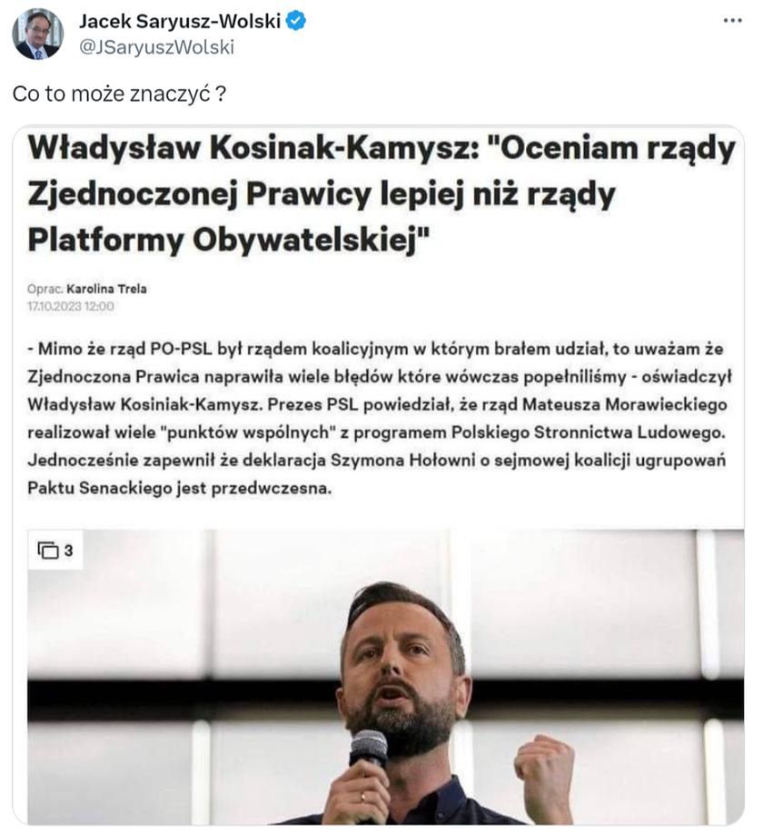 Jacek Saryusz-Wolski rozpowszechnił nieprawdziwe słowa przypisywane Władysławowi Kosiniakowi-Kamyszowi