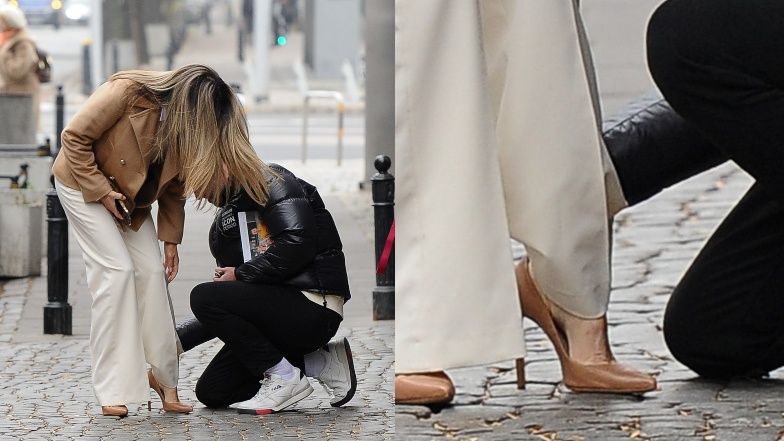 Małgorzata "kopciuszek" Rozenek niemal GUBI BUTA pod siedzibą Dzień Dobry TVN 