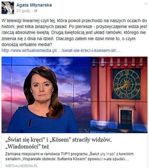 Agata Młynarska jest niezadowolona ze zmiany godziny emisji programu "Świat się kręci"