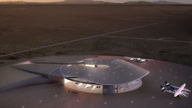 Spaceport America - w okolicach hangaru widać samoloty kosmiczne SpaceShipTwo