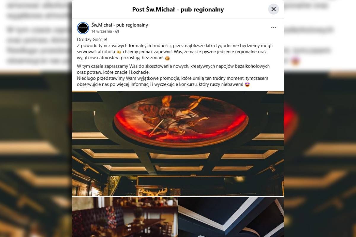 Wpis na profilu Facebookowym restauracji Św. Michał - pub regionalny