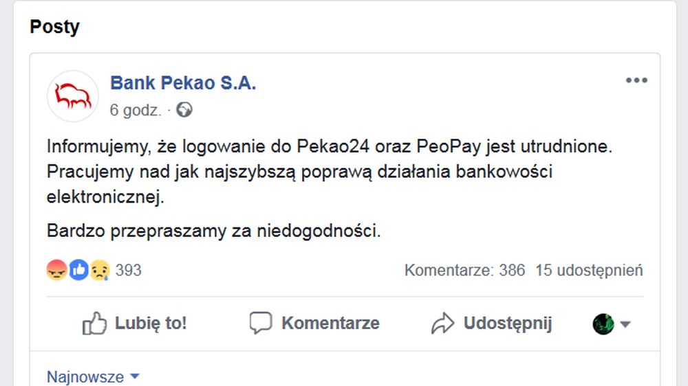 Podobny komunikat pojawił się dzisiaj w kilku różnych bankach.