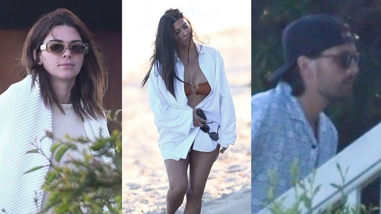 Zmoczona Kourtney Kardashian w kusym bikini za 300 złotych przechadza się po plaży z Kendall Jenner i Scottem Disickiem (ZDJĘCIA)