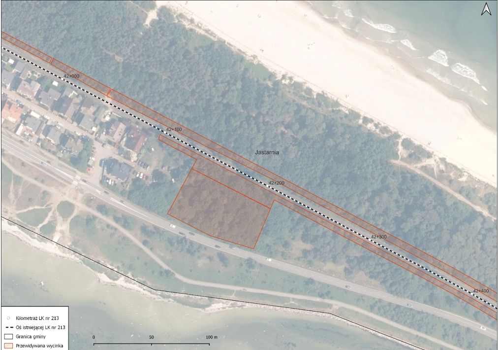 Mapa z przewidywaną wycinką przed Kuźnicą oraz zaznaczoną stacją transformatorową, gdzie miałby zaczynać się drugi tor