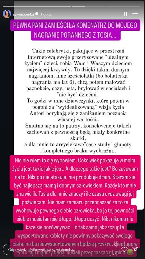 Sylwia Bomba reaguje na krytykę nagrania z córką