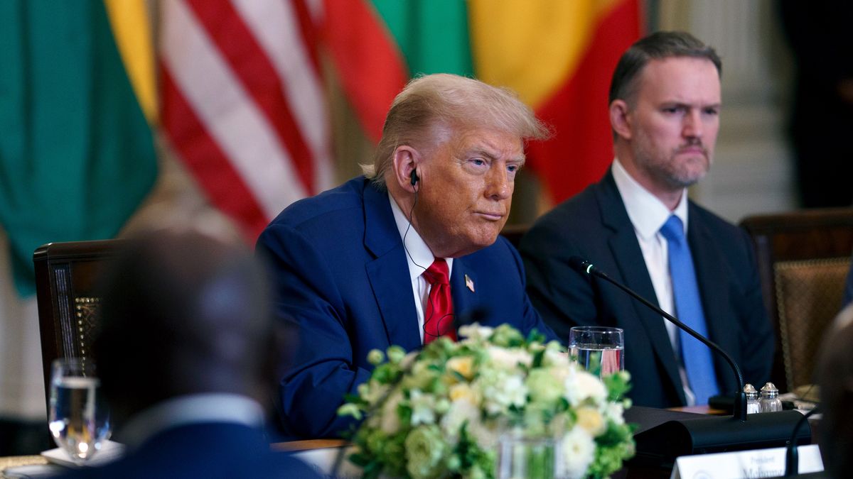 President Trump To Host African Leaders Offering Major Mining VenturesUS President Donald Trump, from left, Jamieson Greer, US trade representative, and Stephen Miller, deputy White House chief of staff for policy, during a meeting with African leaders in the State Dining Room of the White House in Washington, DC, US, on Wednesday, July 9, 2025. Trump is meeting the leaders of five African nations that will potentially offer American businesses opportunities in critical minerals and other natural resources. Photographer: Will Oliver/EPA/Bloomberg via Getty ImagesBloombergemea, international relations, 2025uspolitics, north american, u.s. government, us, the white house, americas, government news, u.s.a., american, african, foreign relations, united states of america
