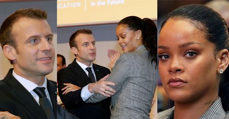 Dziwne uściski Macrona i Rihanny na konferencji charytatywnej w Senegalu (ZDJĘCIA)