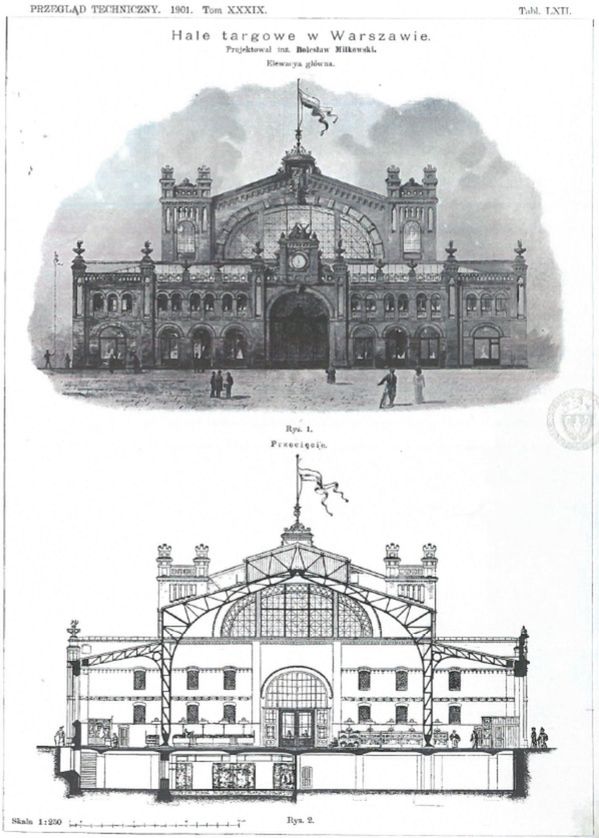Warszawa. Hale targowe. Przegląd techniczny. Elewacja i przekrój