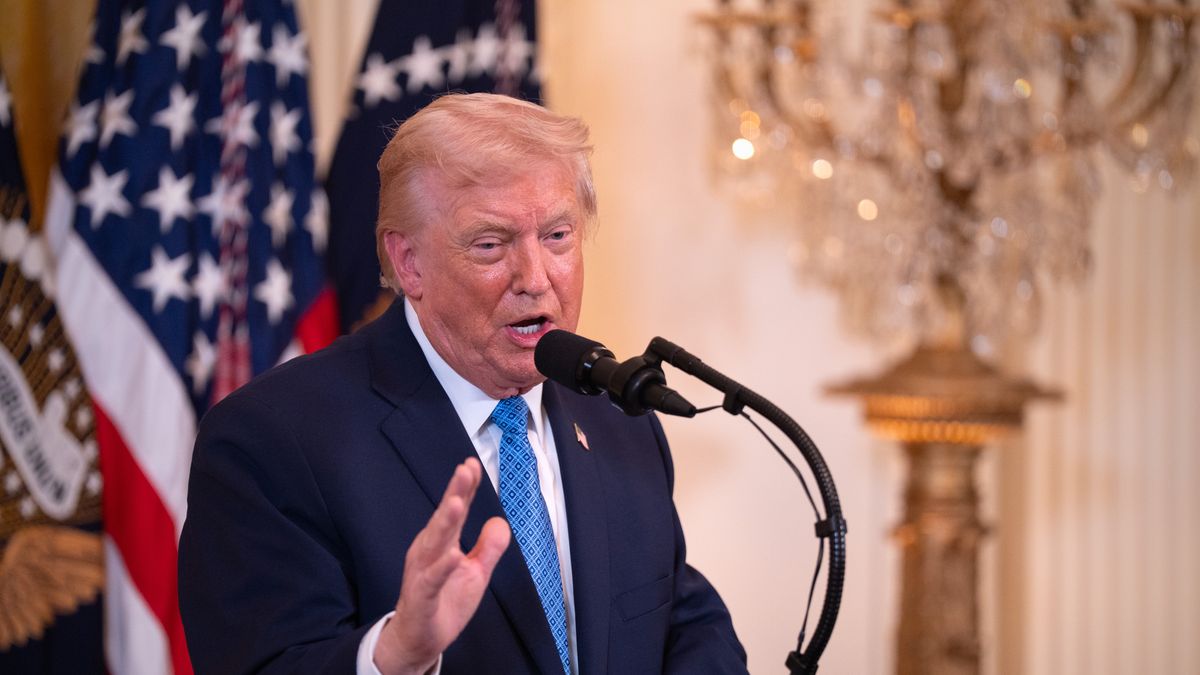 WASHINGTON, DC - DECEMBER 16: President Donald Trump speaks at a Hanukkah reception on Tuesday, Dec. 16, 2025 at the White House in Washington, D.C. (Photo by Peter W. Stevenson/The Washington Post via Getty Images)