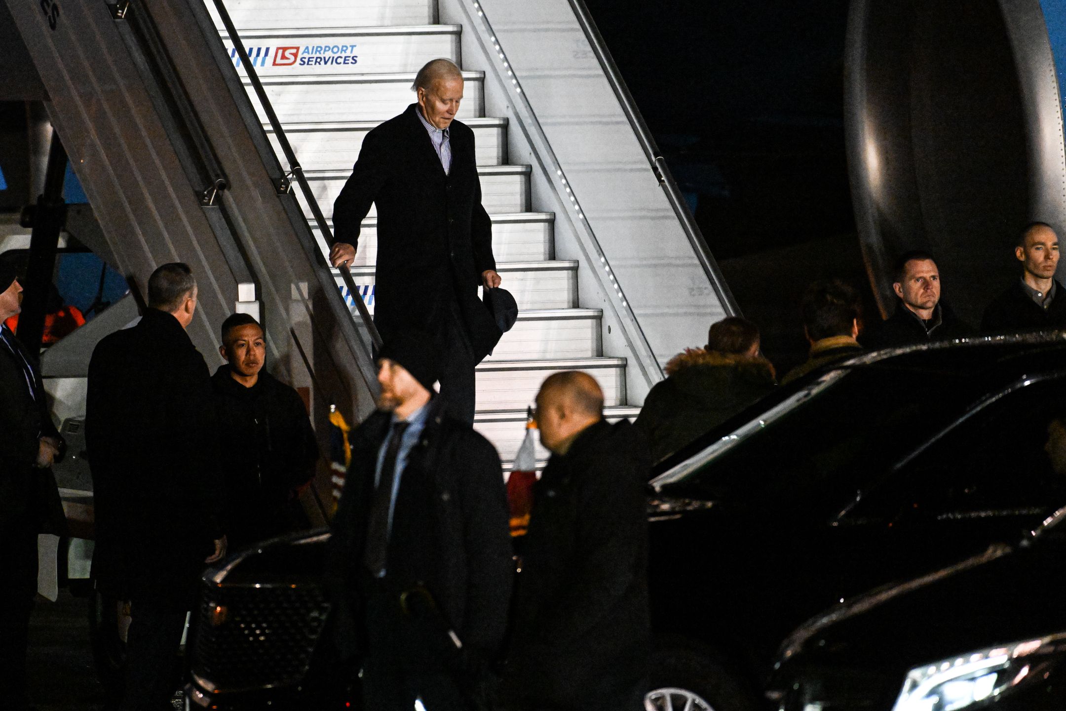 WARSAW, POLAND - FEBRUARY 20:  U.S. President Joe Biden arrives at Warsaw Chopin Airport on February 20, 2023 in Warsaw, Poland. Biden is in Warsaw for his second visit to the country in less than a year, coming after a surprise trip to Kyiv today to reinforce U.S. support for Ukraine almost a year after Russia's invasion began. (Photo by Omar Marques/Getty Images)