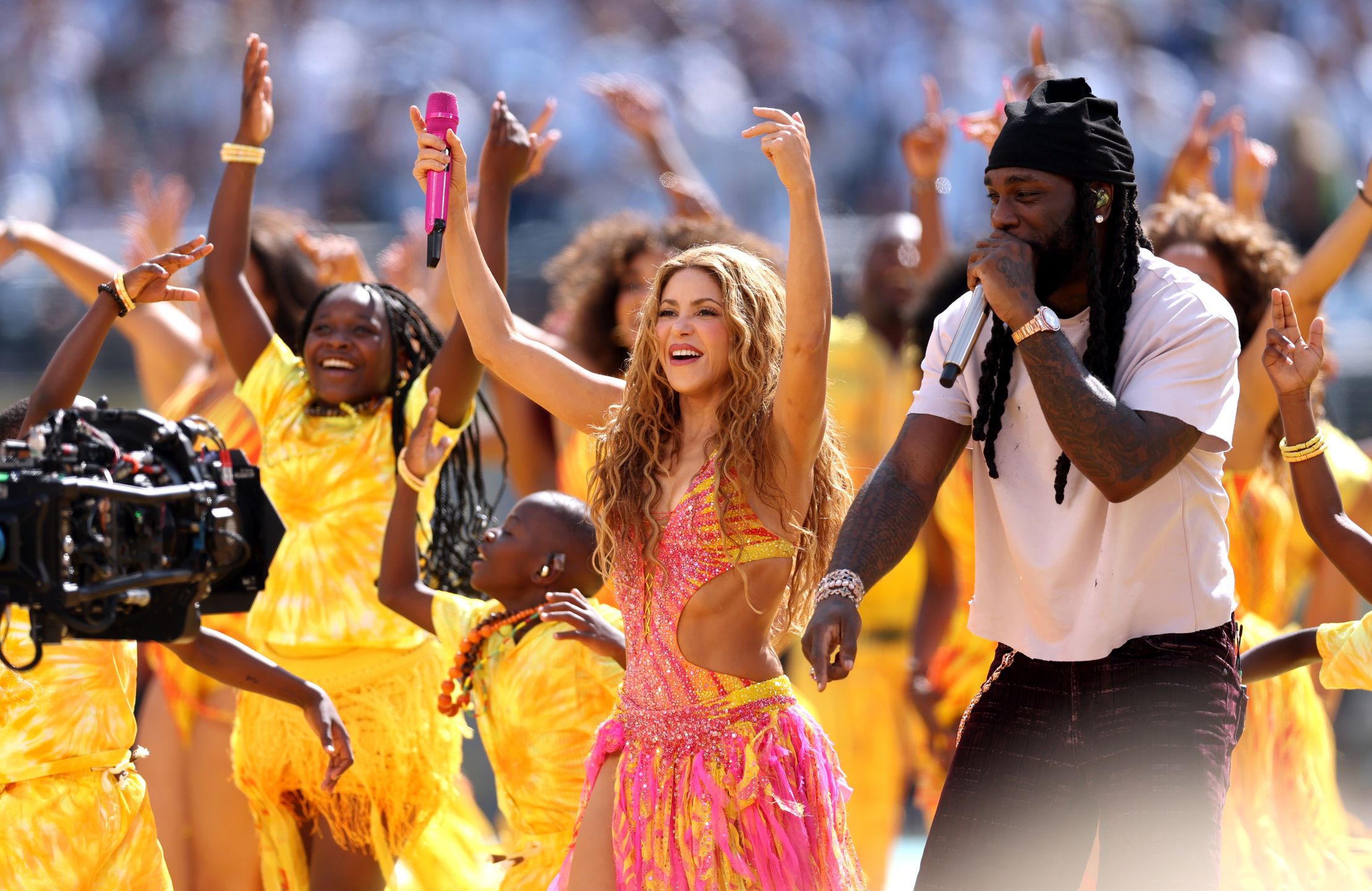 EAST RUTHERFORD, NEW JERSEY - JULY 19: Shakira and Burna Boy perform during the Topps Final Halftime Show in the FIFA World Cup 2026 Final match between Spain and Argentina at New York New Jersey Stadium on July 19, 2026 in East Rutherford, New Jersey. (Photo by Maddie Meyer - FIFA/FIFA via Getty Images)