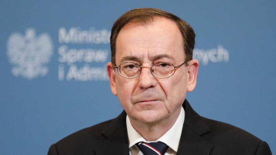 Warszawa 26.04.2022. Konferencja w ministerstwie spraw wewnetrznych i administracji poswiecona liscie sankcyjnej wobec rosyjskich podmiotow i obywateli. N/z Mariusz Kaminski.