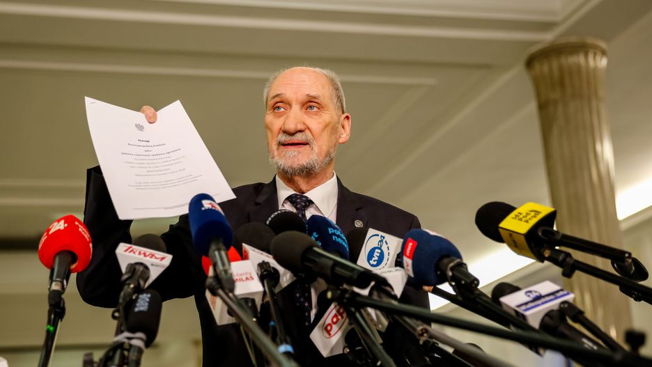 WARSAW, MAZOWIECKIE, POLAND - 2024/01/26: Antoni Macierewicz, former Minister of Defence of Poland talks to the press during the 4th session of Polish Parliament that takes place amid chaos created by legal disagreement with the previous government. The present government assumed power in Poland on December 13, 2023, succeeding the Law and Justice far-right political party, which had held control for eight years. Both factions level accusations of unconstitutional actions against each other, resulting in the coexistence of two de facto legal systems within the country. (Photo by Dominika Zarzycka/SOPA Images/LightRocket via Getty Images)