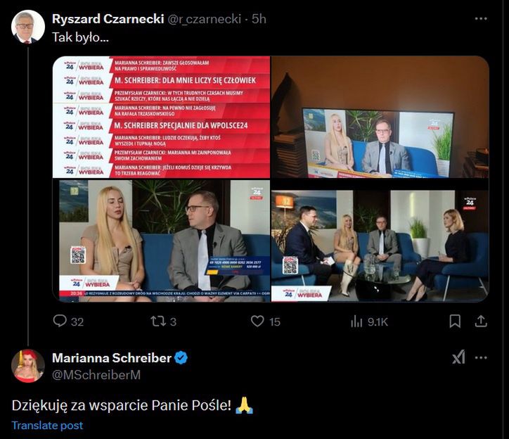 Marianna Schreiber podziękowała Ryszardowi Czarneckiemu 