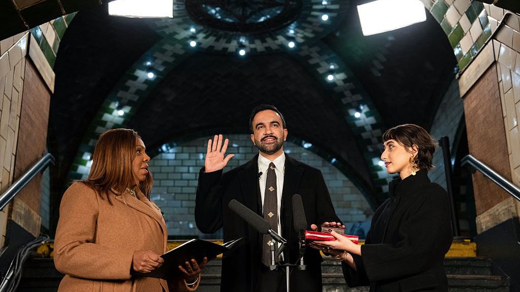Mamdani Takes Reins Of New York City After Historic Election Win
Letitia James, New York's attorney general, from left, Zohran Mamdani, mayor of New York, and his wife Rama Duwaji during a swearing-in ceremony at Old City Hall Station in New York, US, early on Thursday, Jan. 1, 2026. A 34-year-old democratic socialist born in Uganda, Mamdani becomes the city's first mayor of South Asian descent, its first Muslim mayor and the youngest leader of the metropolis of nearly 8.5 million people in more than a century. Photographer: Amir Hamja/The New York Times/Bloomberg via Getty Images
Bloomberg
u.s., nyc mayor, north american, u.s. government, us, 2026uspolitics, united states of america, americas, government news, u.s.a., american