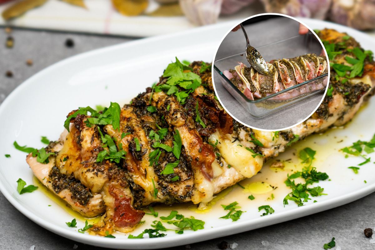 Nacinam pierś indyka i upycham farsz. Mięso wychodzi niesamowicie soczyste i aromatyczne