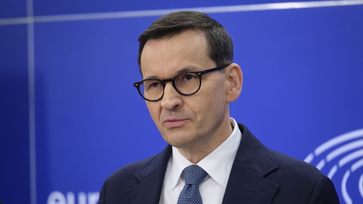 BRUSSELS, BELGIUM - APRIL 16: Former Polish Prime Minister from the  right-wing populist and national-conservative political party Law and Justice (Prawo i Sprawiedliwo PiS) Mateusz Jakub Morawiecki talks to the media in the European Parliament on April 16, 2024 in Brussels, Belgium. He is in Brussels for the National Conservatism Conference (NatCon) that will take place Today and tomorrow.  (Photo by Thierry Monasse/Getty Images)