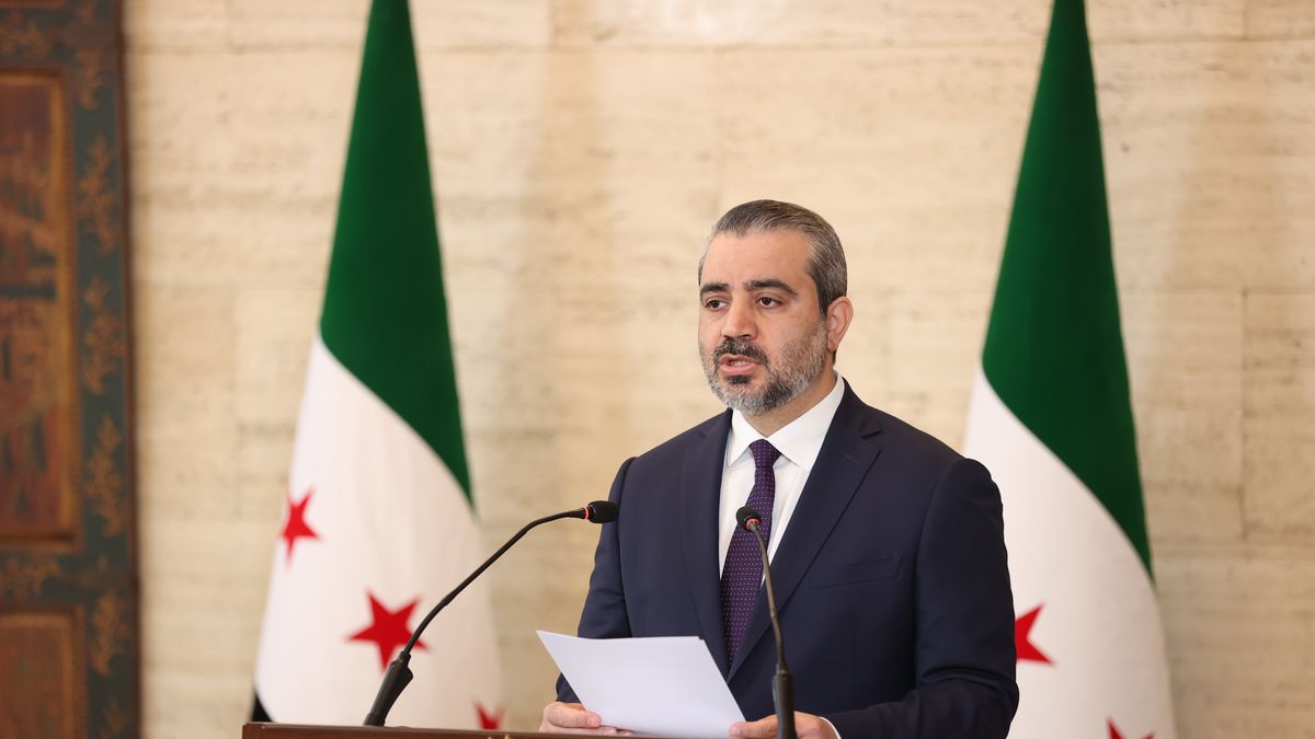 DAMASCUS, SYRIA - AUGUST 18: Syrian Foreign Minister Asaad Hassan al-Shaibani and International Atomic Energy Agency (IAEA) Director General Rafael Mariano Grossi (not seen) hold a joint press conference in Damascus, Syria on August 18, 2026. (Photo by Izz Aldien Alqasem/Anadolu via Getty Images)