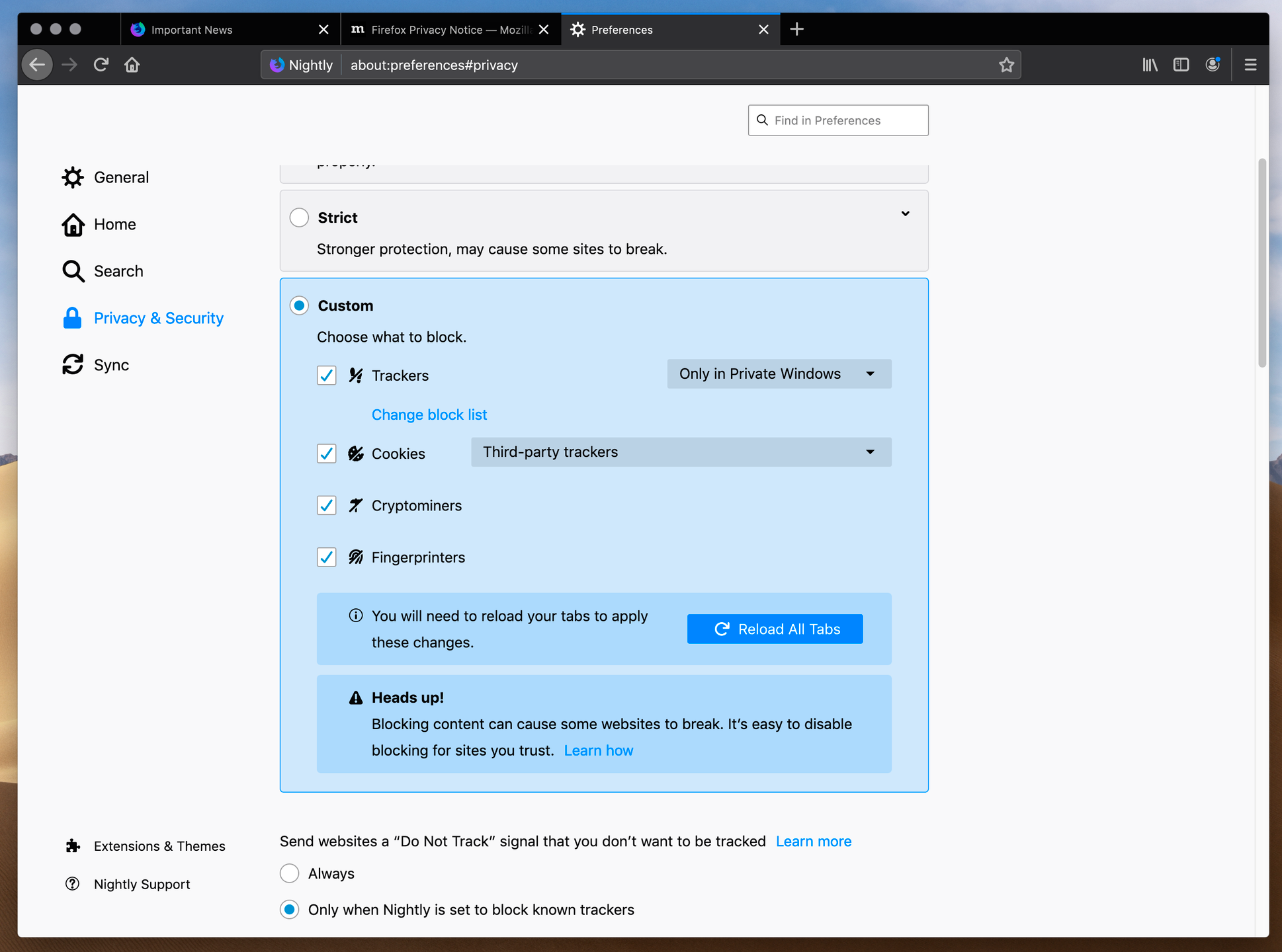 Nowe ustawienia prywatności w Firefoxie Nightly (10.04.2019)
