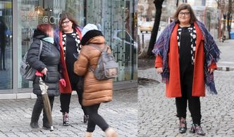 Dominika Gwit w czerwonym płaszczu i... kocu pozuje z fanami