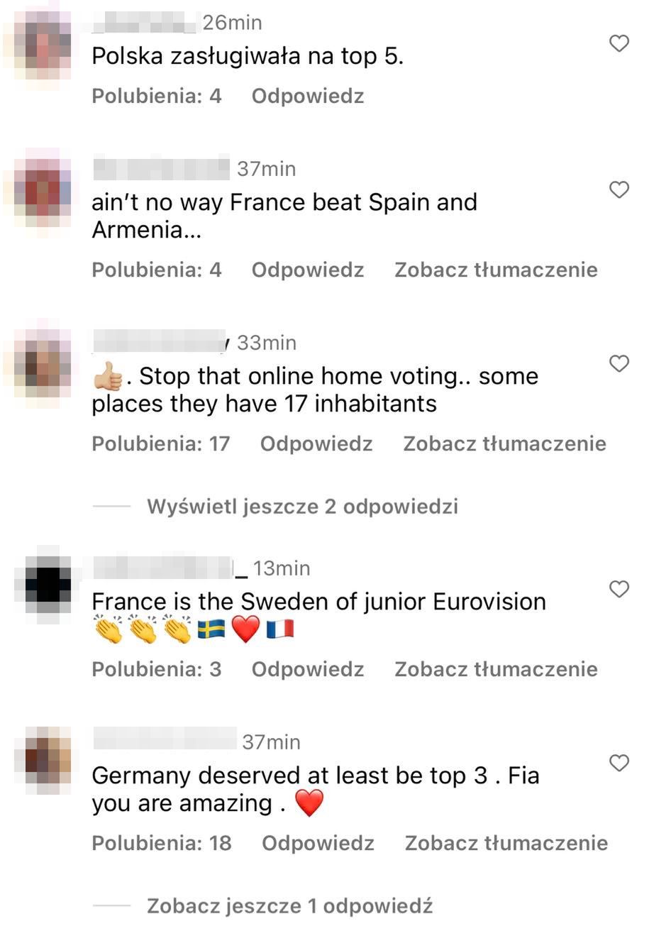 Komentarze pod wynikami Eurowizji Junior