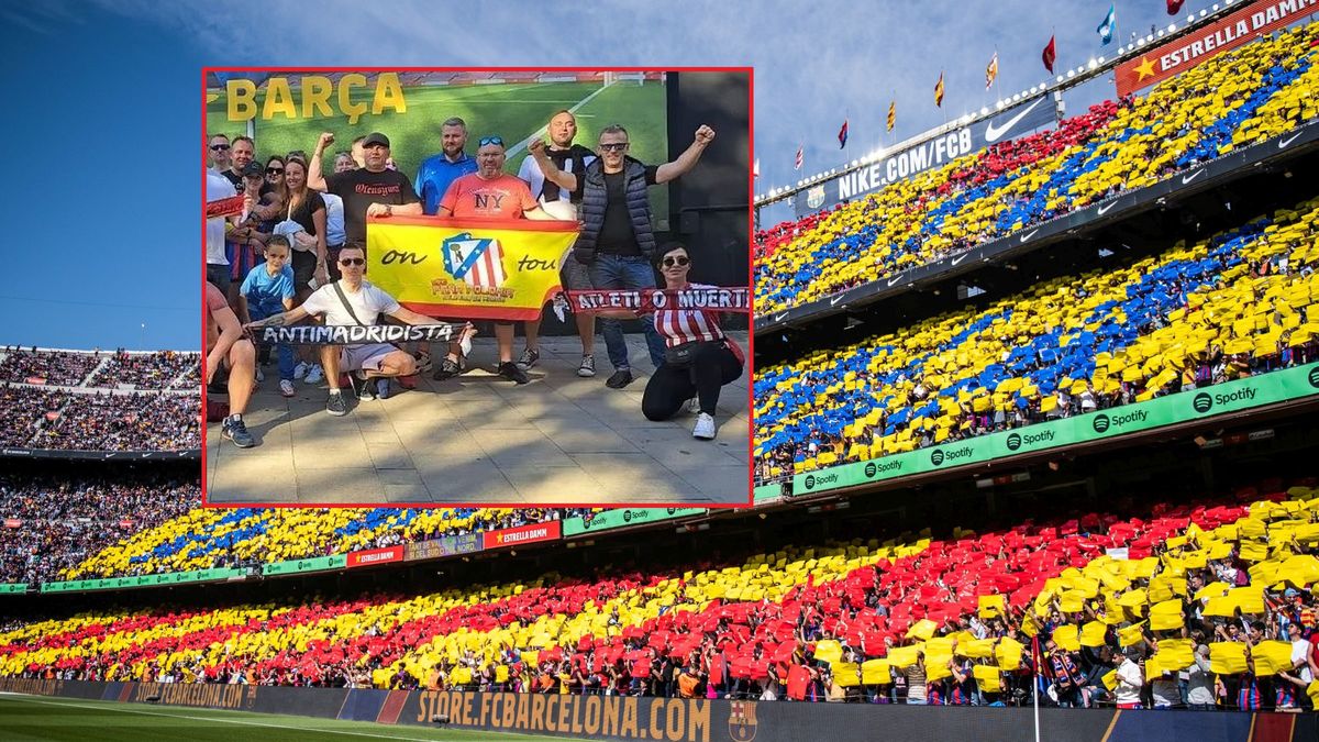 kibice na Camp Nou / małe zdjęcie: polscy fani z flagą Atletico