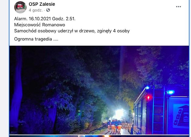 O tragedii poinformowało OSP Zalesie (Facebook)