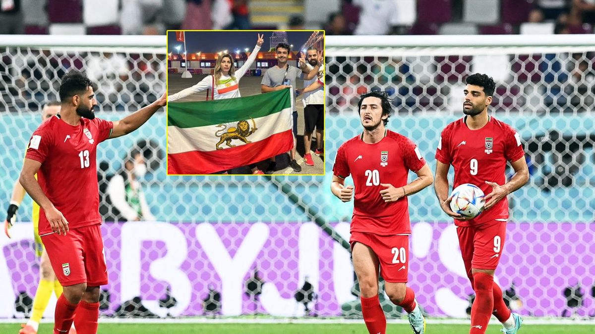 Zdjęcie: Sklejka piłkarzy Iranu oraz protestującej kobiety